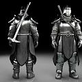 Man in armored attire with sword on back front and back views displaying warrior design