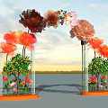 Floral Event Entrance Arch With Colorful Flowers Side Pillars Green Plants And Sunset Background