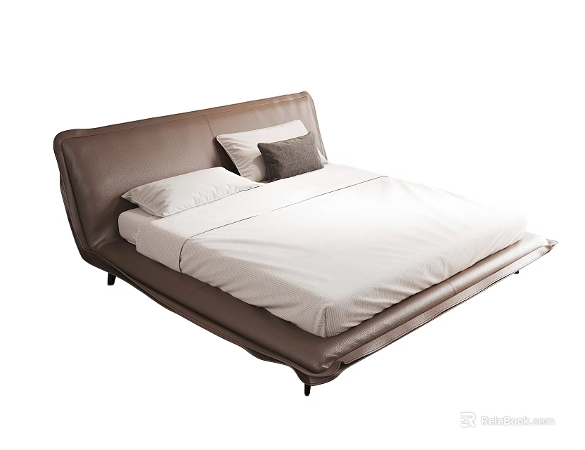 Modern Minimalist Double Bed With Brown Leather Headboard And White Bedding 3d model