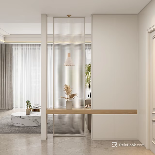 Minimalist Entryway Design With White Cabinets Wooden Countertop Hanging Lamp And Green Plants 3d model 