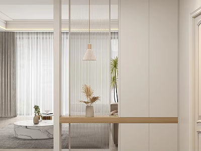 Minimalist Entryway Design With White Cabinets Wooden Countertop Hanging Lamp And Green Plants 3d model