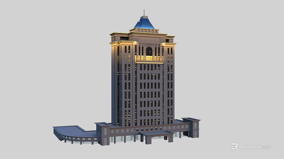 Modern Tall Building With Blue Roof Top Lighting And Base Structure Design 3d model 