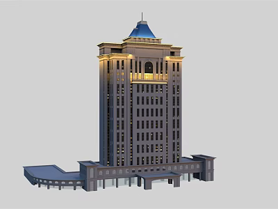 Modern Tall Building With Blue Roof Top Lighting And Base Structure Design 3d model
