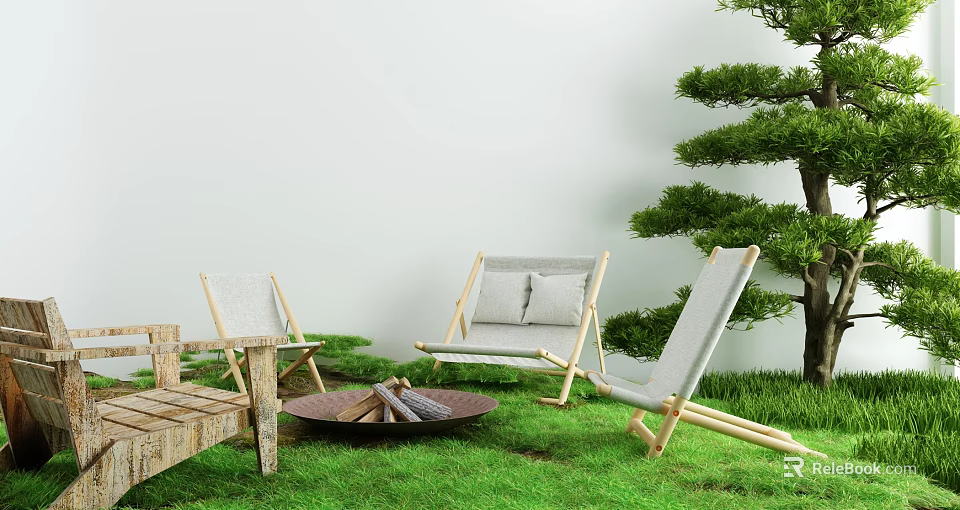Backyard Garden With Green Grass Lawn Chairs Fire Pit And Pine Tree 3d model