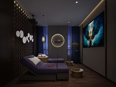Serene SPA Sauna Room Interior With Purple Massage Beds Circular Decor And Winged Mural 3d model