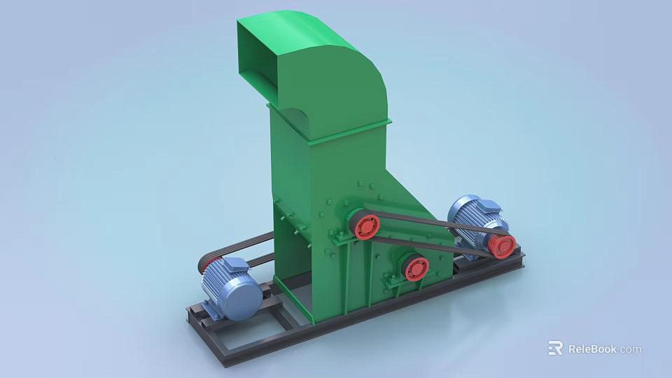 Green Industrial Crusher Machine With Electric Motor Red Wheels And Black Base 3d model 