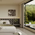 Modern Minimalist Bedroom Interior With Platform Bed Wall Art And Large Window 3d model