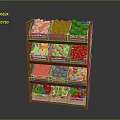 Fresh Fruits and Vegetables on Wooden Tiered Display Shelf with Colorful Assorted Produce