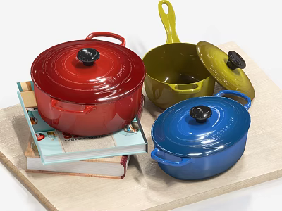 Colorful Enamel Pots With Lids On Wooden Tray And Stacked Books 3d model