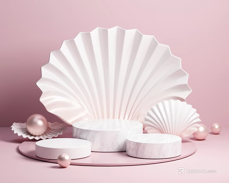 Pink Background Display Shelves With Shell Decorations Marble Platforms And Pearls 3d model 
