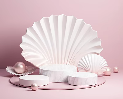 Pink Background Display Shelves With Shell Decorations Marble Platforms And Pearls 3d model