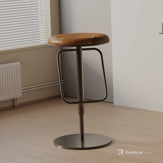 Modern Minimalist Bar Stool With Wooden Round Seat And Metal Frame Design 3d model 