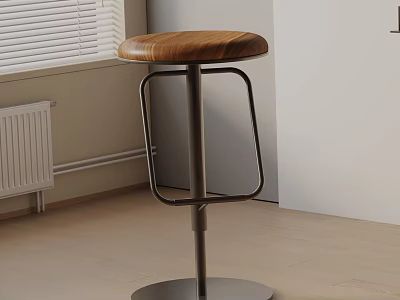 Modern Minimalist Bar Stool With Wooden Round Seat And Metal Frame Design 3d model