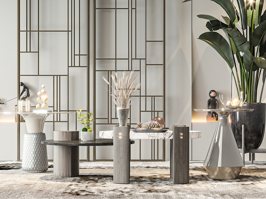 Modern Coffee Table With Marble Top Metal Frame And Geometric Wall Decorative Items Potted Plant 3d model 