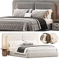 Modern Double Bed With Beige Upholstered Headboard Multiple Pillows And Wooden Nightstand