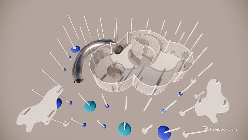 3D Children's Play Area With Curved Slide Circular Climbing Structure White Pillars And Blue Balls 3d model 