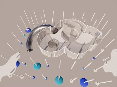 3D Children's Play Area With Curved Slide Circular Climbing Structure White Pillars And Blue Balls 3d model