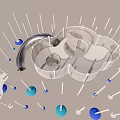 3D Children's Play Area With Curved Slide Circular Climbing Structure White Pillars And Blue Balls