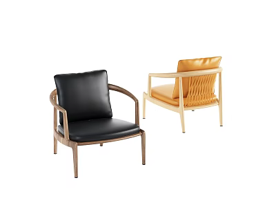 Modern Leisure Chairs With Black Leather And Yellow Woven Backrest Wooden Frame 3d model