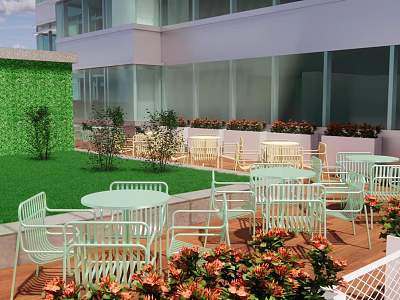 Outdoor Leisure Area With Green Lawn Plant Wall Tables Chairs And Colorful Flowers 3d model