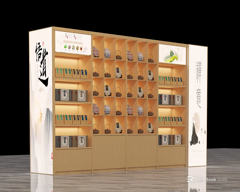 Modern Wooden Display Shelves with Compartments and Lighting for Tea Products Showcase 3d model 