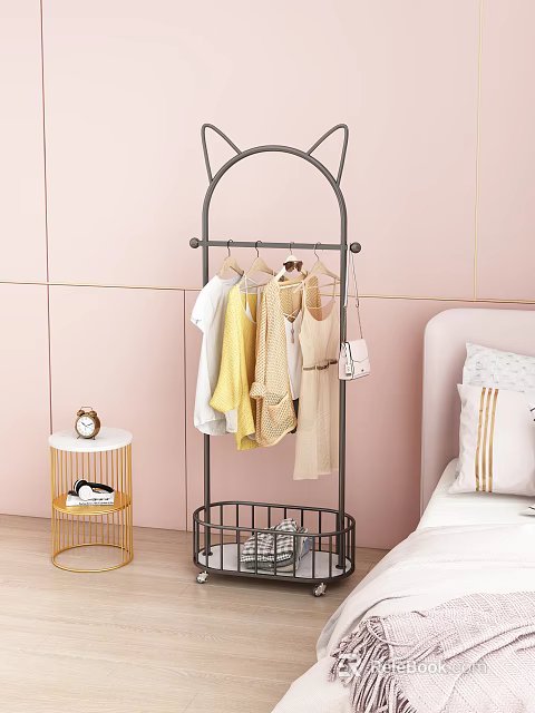 Modern black metal clothes rack with hanging clothes and basket by pink bedroom wall 3d model 