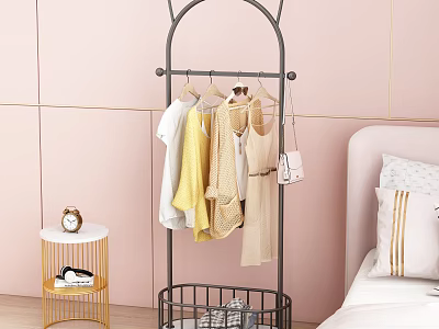 Modern black metal clothes rack with hanging clothes and basket by pink bedroom wall 3d model