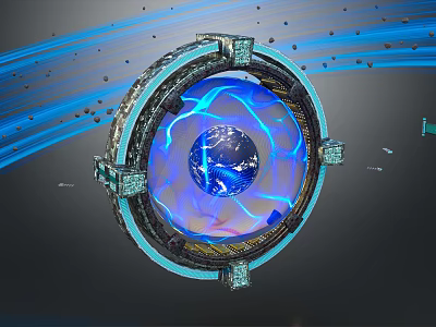 Cartoon Scene Featuring Circular Device With Blue Light Effects Surrounding Globe Blue Streaks And Particles 3d model