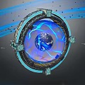Cartoon Scene Featuring Circular Device With Blue Light Effects Surrounding Globe Blue Streaks And Particles