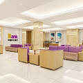 Modern Bank Lobby Interior With Purple Sofas Wooden Furniture And Service Counter