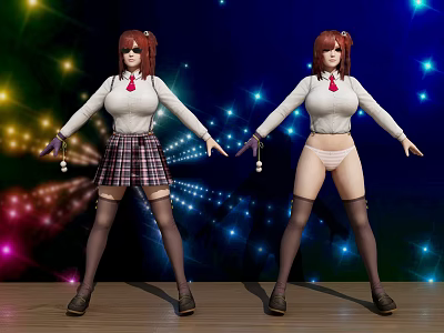 Woman In School Uniform Plaid Skirt White Top Standing Against Colorful Lights Starry Background 3d model