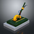 Industrial Equipment With Yellow Rotating Component Green Base Black Handle And Warning Stripes