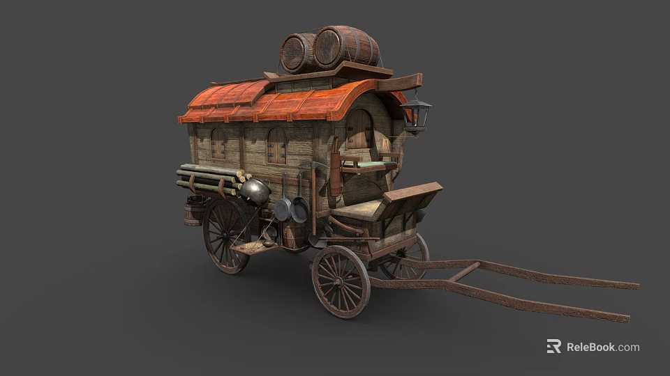 Rustic Vintage Wooden Cart With Red Roof And Two Wooden Barrels On Top 3d model 