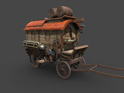 Rustic Vintage Wooden Cart With Red Roof And Two Wooden Barrels On Top 3d model
