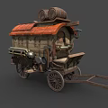 Rustic Vintage Wooden Cart With Red Roof And Two Wooden Barrels On Top