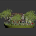 Two Story House With Red Roof Surrounded By Green Trees Garden And Small Pond