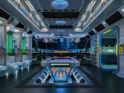 Cartoon Futuristic Interior Scene With Glowing Console Tech Equipment And Neon Lights 3d model