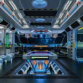 Cartoon Futuristic Interior Scene With Glowing Console Tech Equipment And Neon Lights