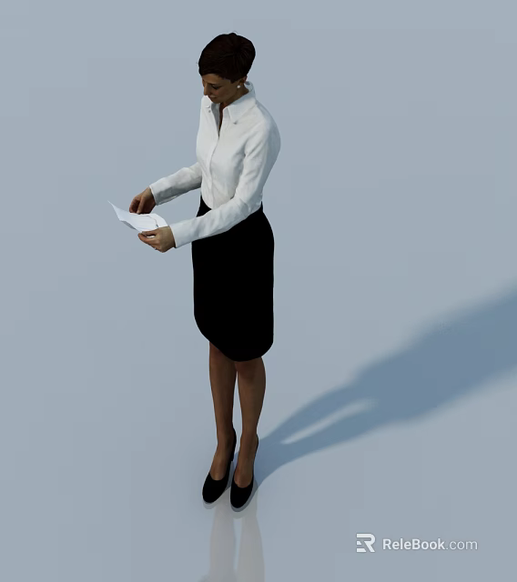 Woman in White Shirt Black Skirt Holding Paper Standing Against Gray Background with High Heels 3d model 
