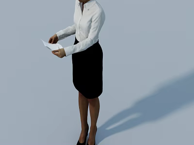Woman in White Shirt Black Skirt Holding Paper Standing Against Gray Background with High Heels 3d model