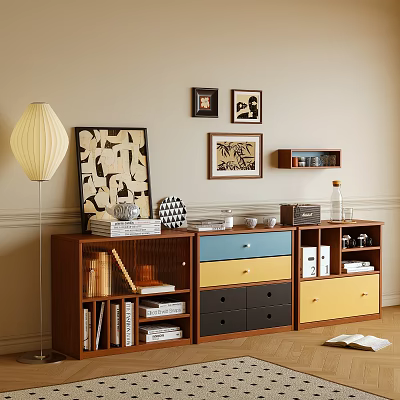 Wooden Storage Cabinets With Blue Yellow Gray Drawers And Bookshelves For Living Room Organization 3d model