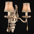 Classic Style Wall Lamp With Beige Lampshades Carved Metal And Crystal Pendants