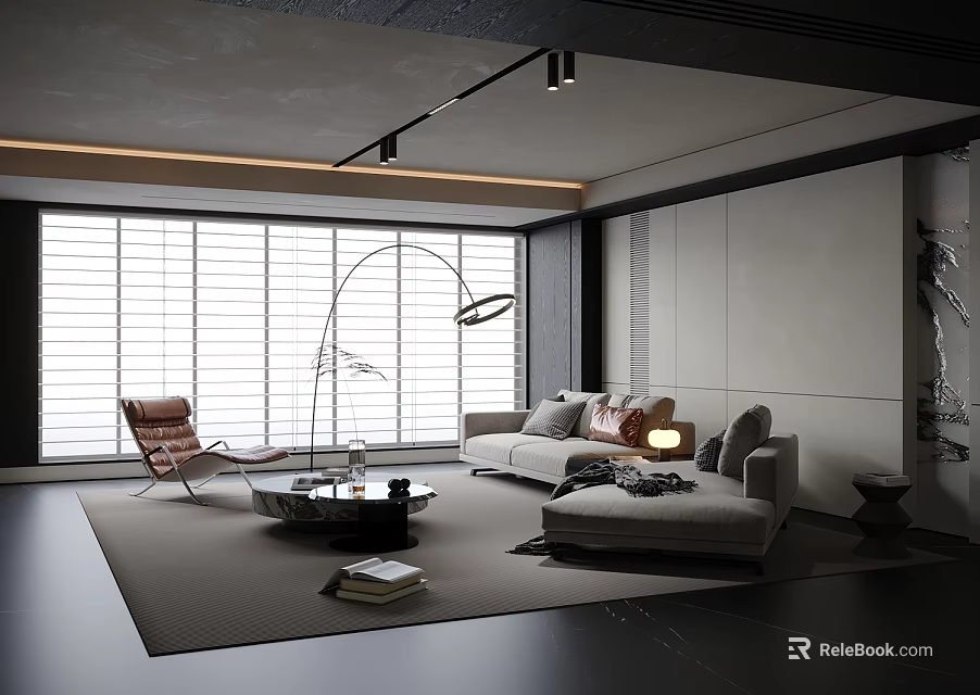 Modern Living Room Sofa And Coffee Table Set With Floor Lamp Large Windows And Area Rug 3d model 