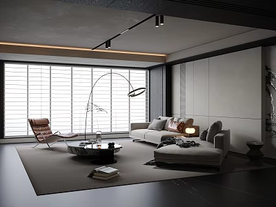 Modern Living Room Sofa And Coffee Table Set With Floor Lamp Large Windows And Area Rug 3d model