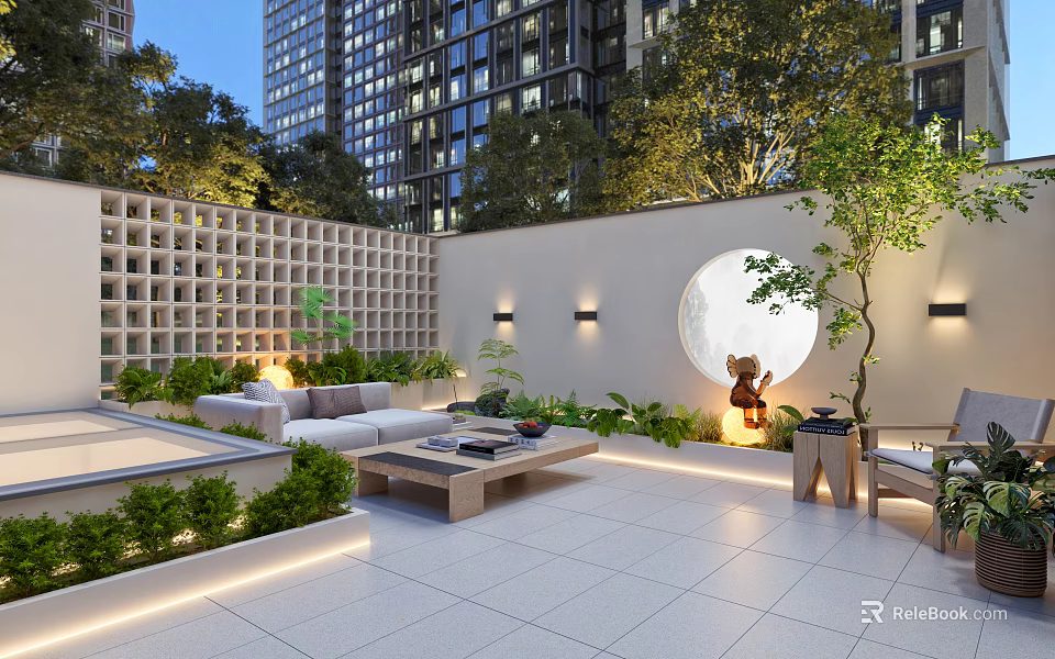 Modern Garden Landscape with Lattice Wall Circular Decorative Wall and Green Plants in Outdoor Courtyard 3d model 