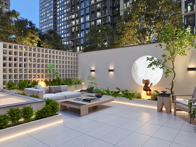 Modern Garden Landscape with Lattice Wall Circular Decorative Wall and Green Plants in Outdoor Courtyard 3d model