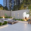 Modern Garden Landscape with Lattice Wall Circular Decorative Wall and Green Plants in Outdoor Courtyard