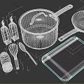 Essential Kitchen Living Supplies With Pots Frying Pan Wooden Cutting Board Oil Bottles Whisk And Spoons