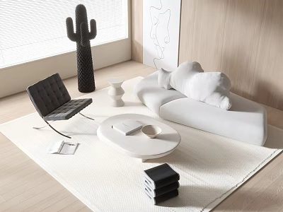 Modern White Sofa And Round Coffee Table Set With Black Chair On Light Rug 3d model