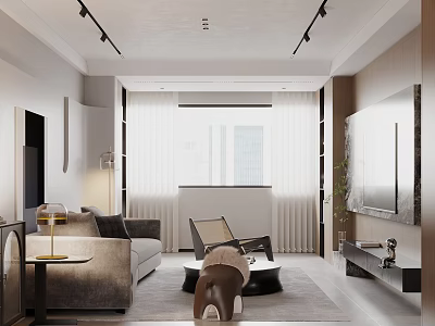 Modern Living Room Interior Design With Track Lighting Sofa Coffee Table TV And Window Curtains 3d model